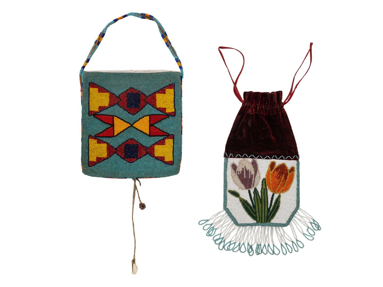 Plateau Beaded Bags, with Violets and Tulips