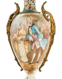 A Sèvres Style Gilt Bronze Mounted Porcelain and Champlevé Urn Mounted as a Lamp