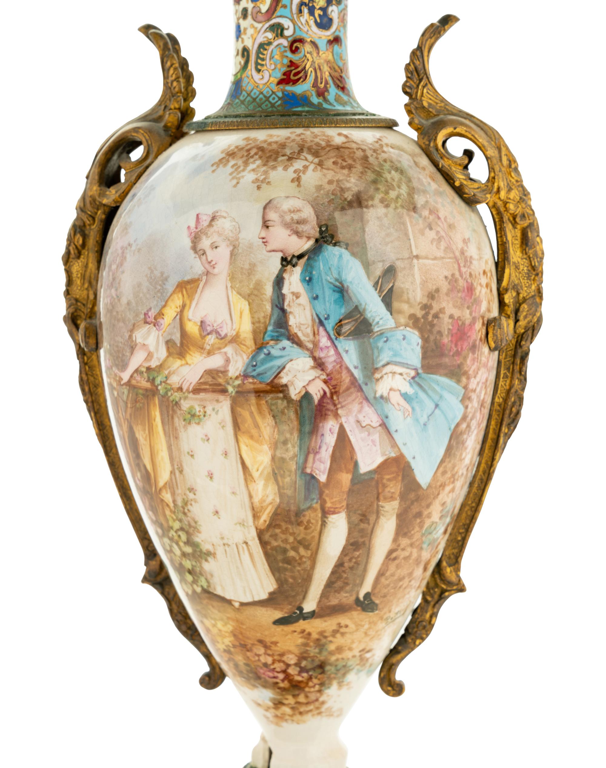 A Sèvres Style Gilt Bronze Mounted Porcelain and Champlevé Urn Mounted as a Lamp