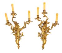 A Pair of Louis XV Style Gilt Bronze Three-Light Sconces Height 26 inches. — LATE 19TH/EARLY 20TH CENTURY