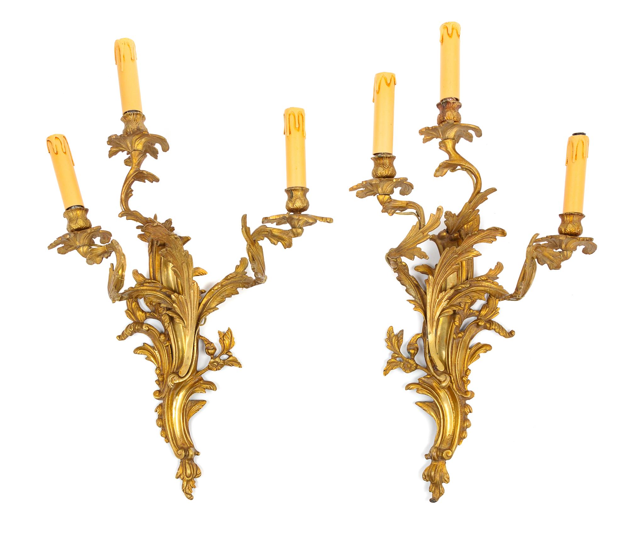 A Pair of Louis XV Style Gilt Bronze Three-Light Sconces Height 26 inches. — LATE 19TH/EARLY 20TH CENTURY