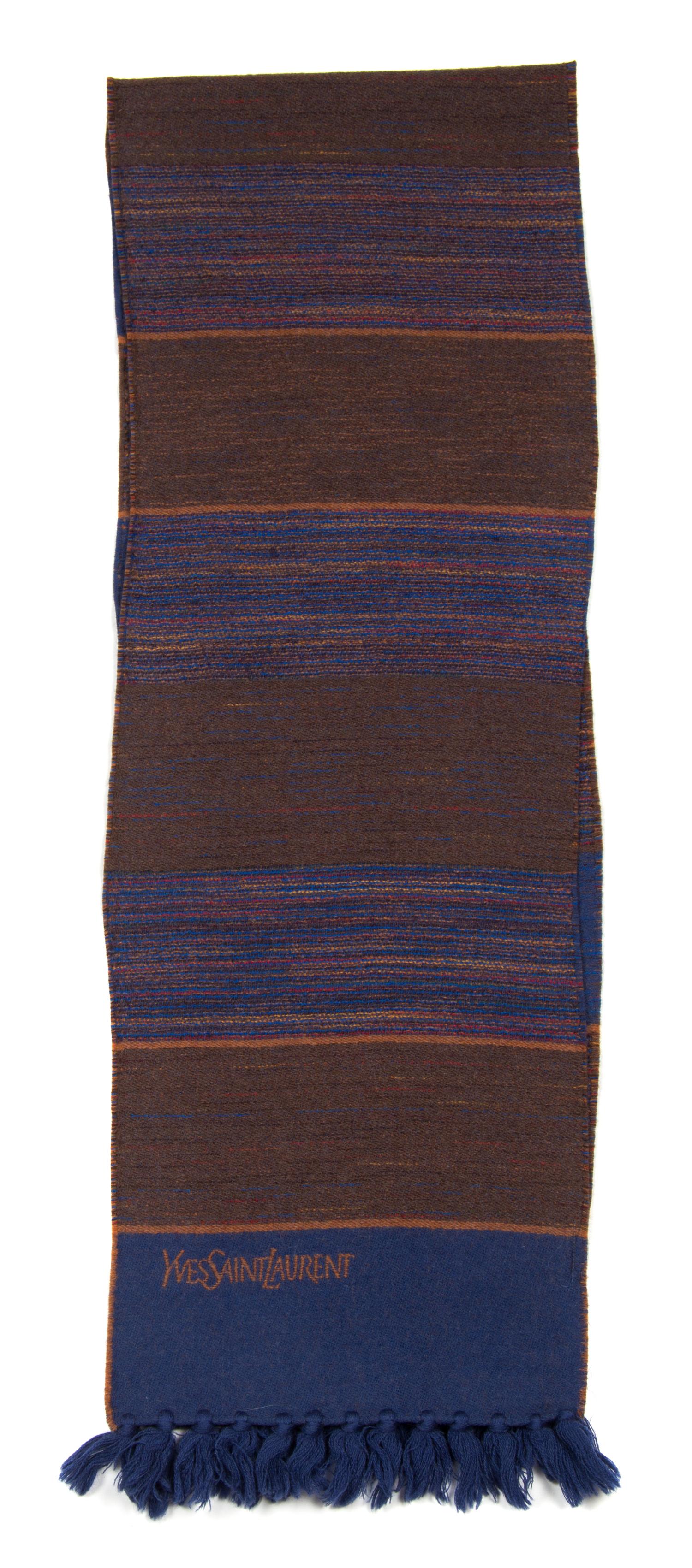 An Yves Saint Laurent Blue and Brown Wool Striped Scarf, 60" x 10".