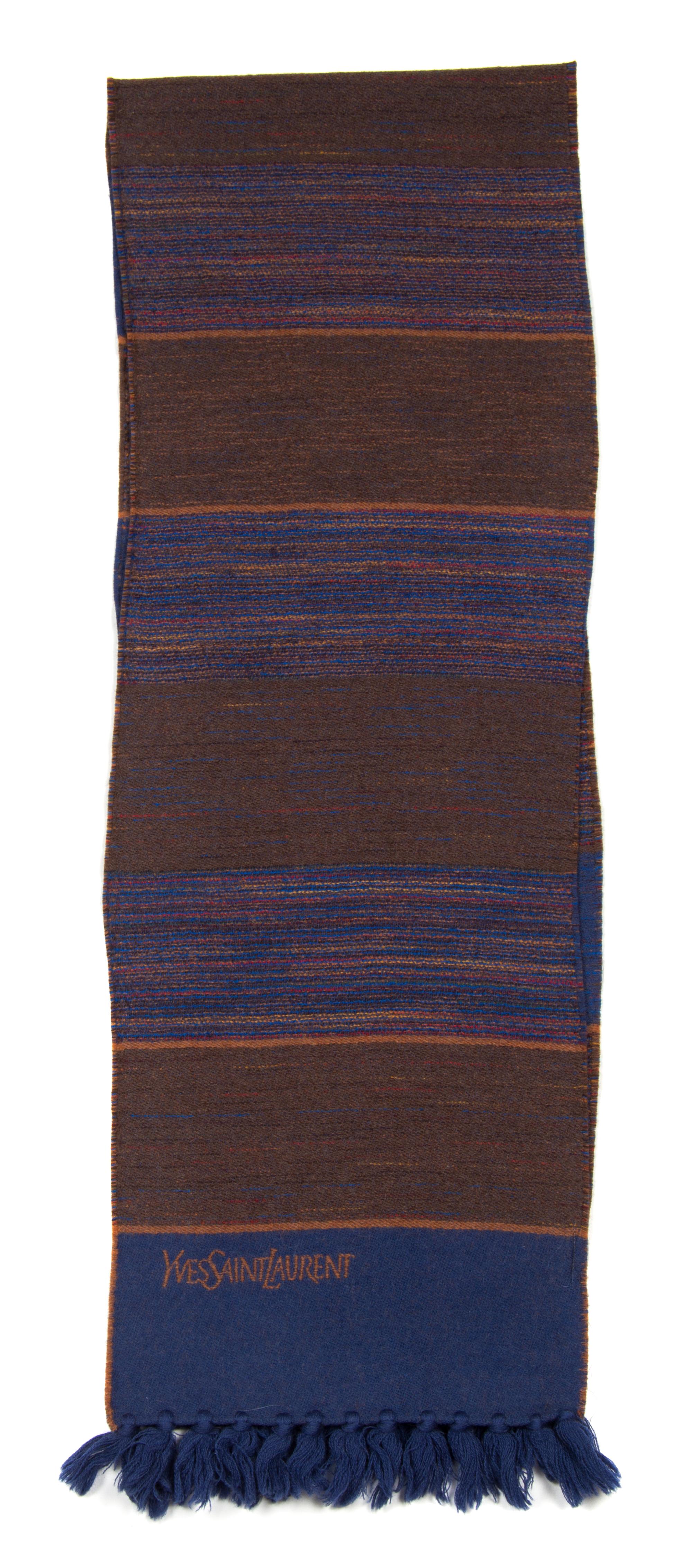 An Yves Saint Laurent Blue and Brown Wool Striped Scarf, 60" x 10".