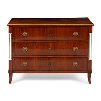 A German Neoclassical Figured Walnut and White Marble Mounted Commode