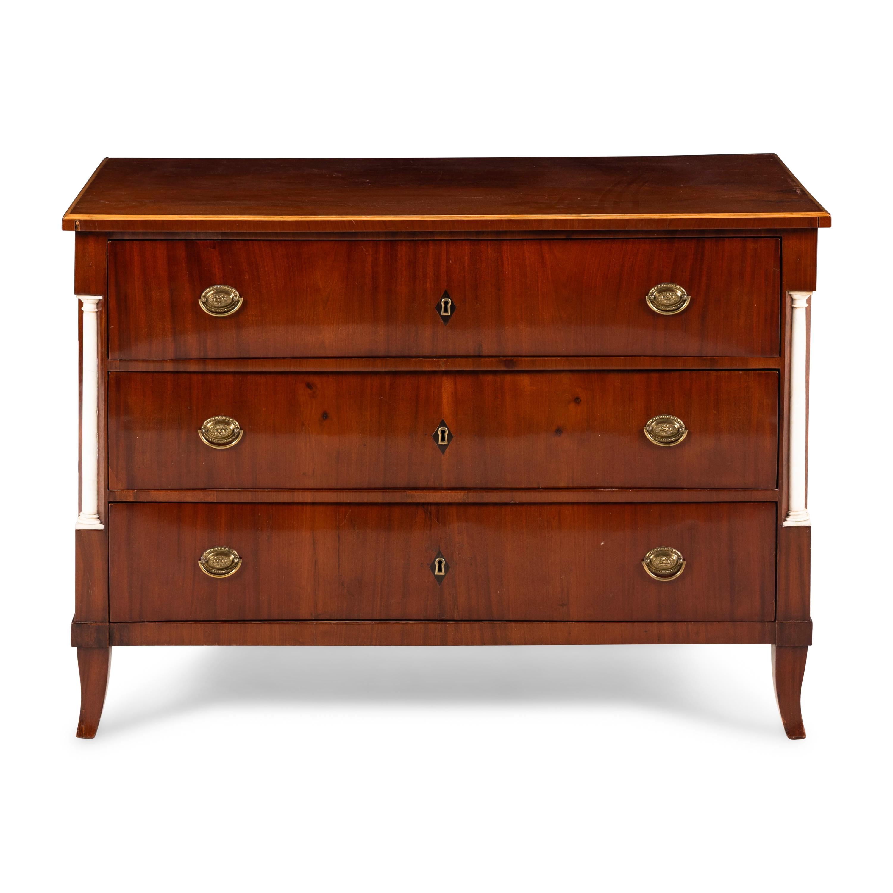 A German Neoclassical Figured Walnut and White Marble Mounted Commode