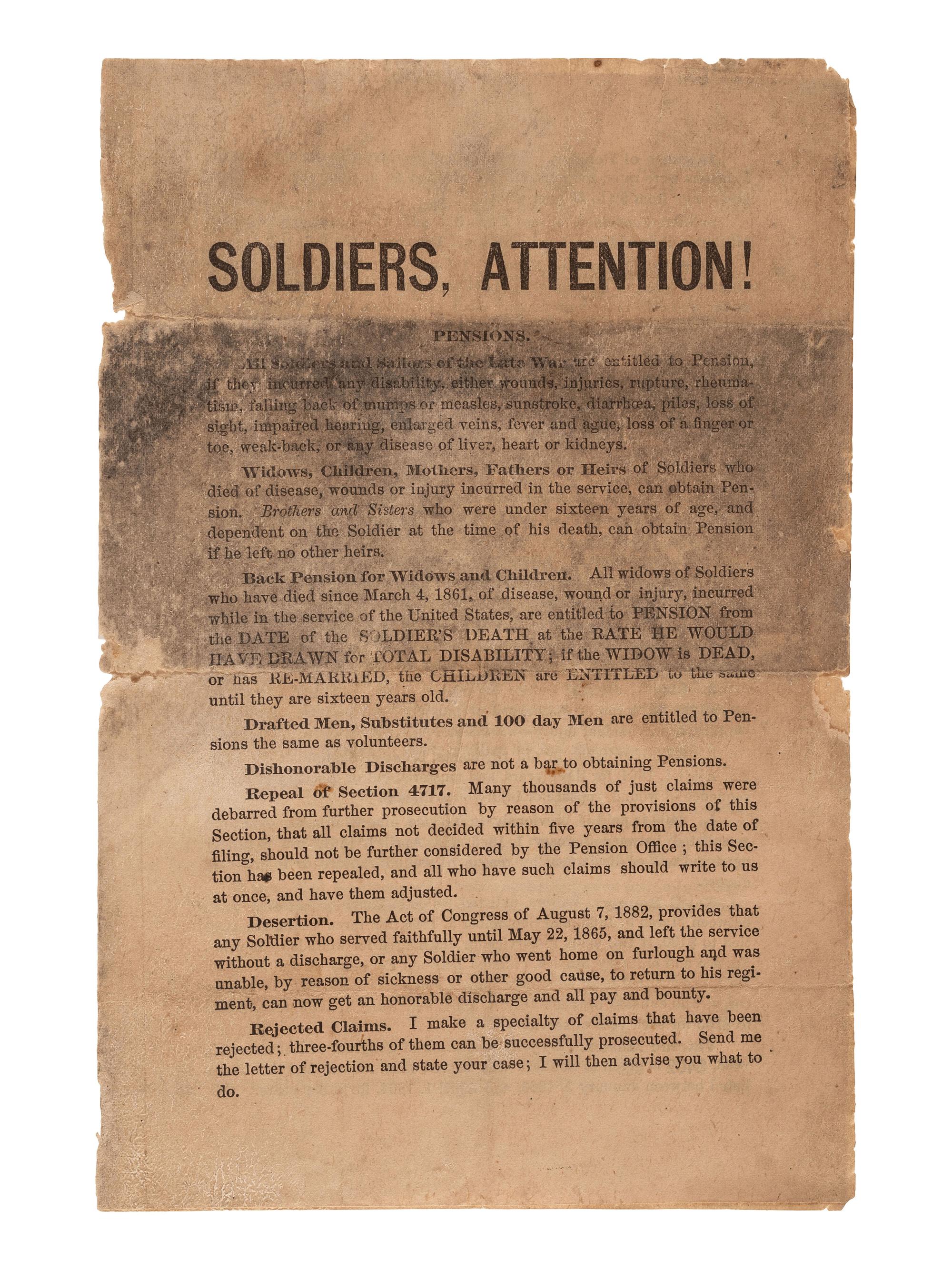 [CIVIL WAR -- VETERANS]. Grant Memorial Services . Bennington [VT?], 8 August [1885]. [ With :] Pamphlet regarding Civil War veterans' pensions.