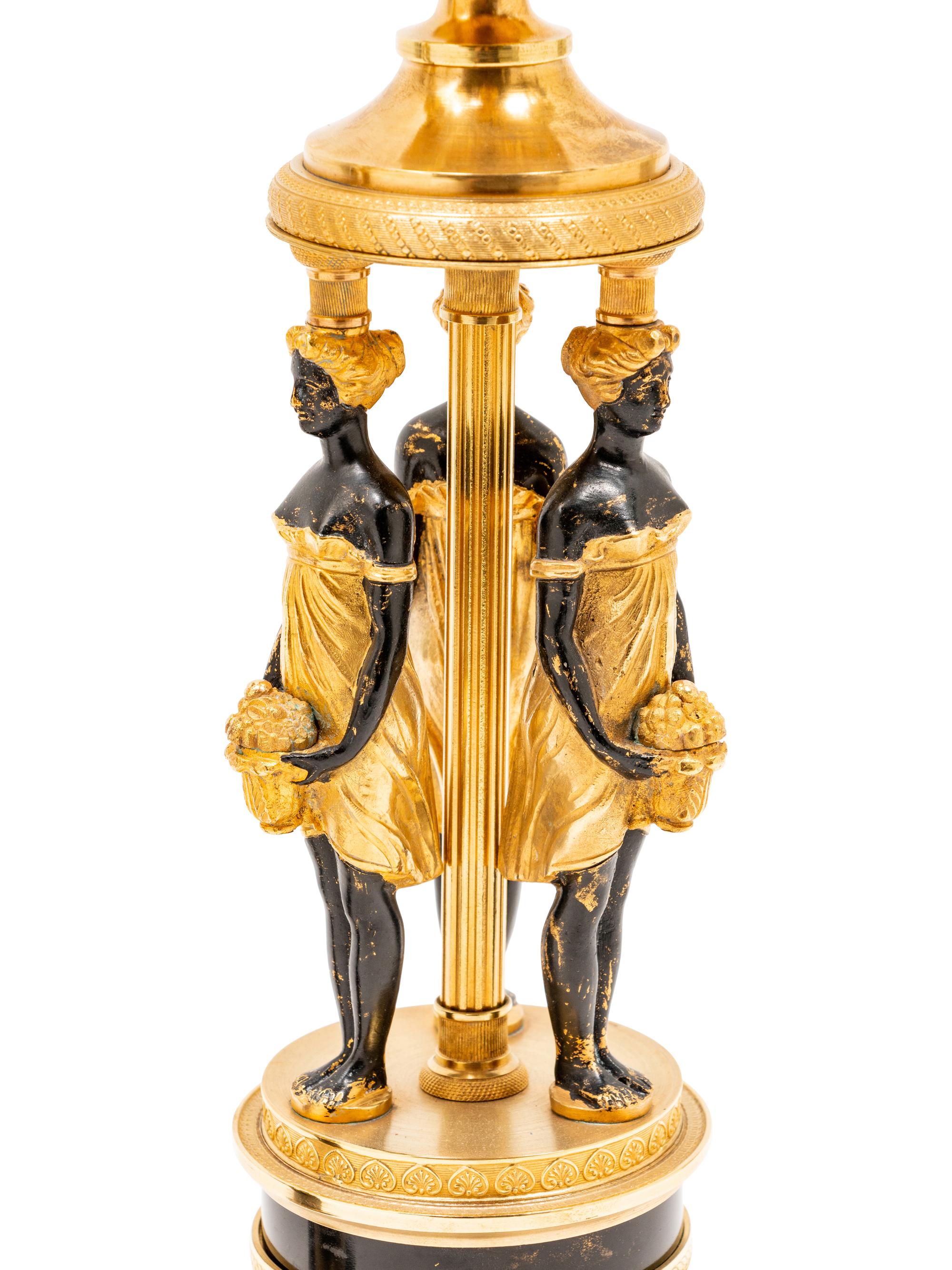 A Pair of Empire Style Gilt and Patinated Metal Figural Candelabra