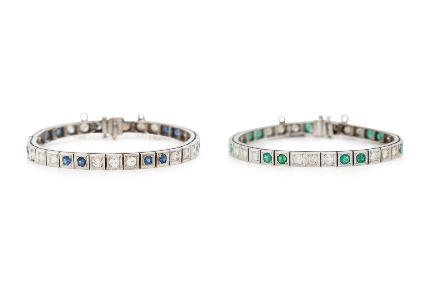 PAIR OF WHITE GOLD, DIAMOND AND GEMSTONE LINE BRACELETS
