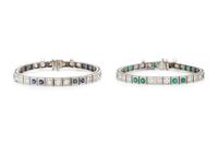 PAIR OF WHITE GOLD, DIAMOND AND GEMSTONE LINE BRACELETS