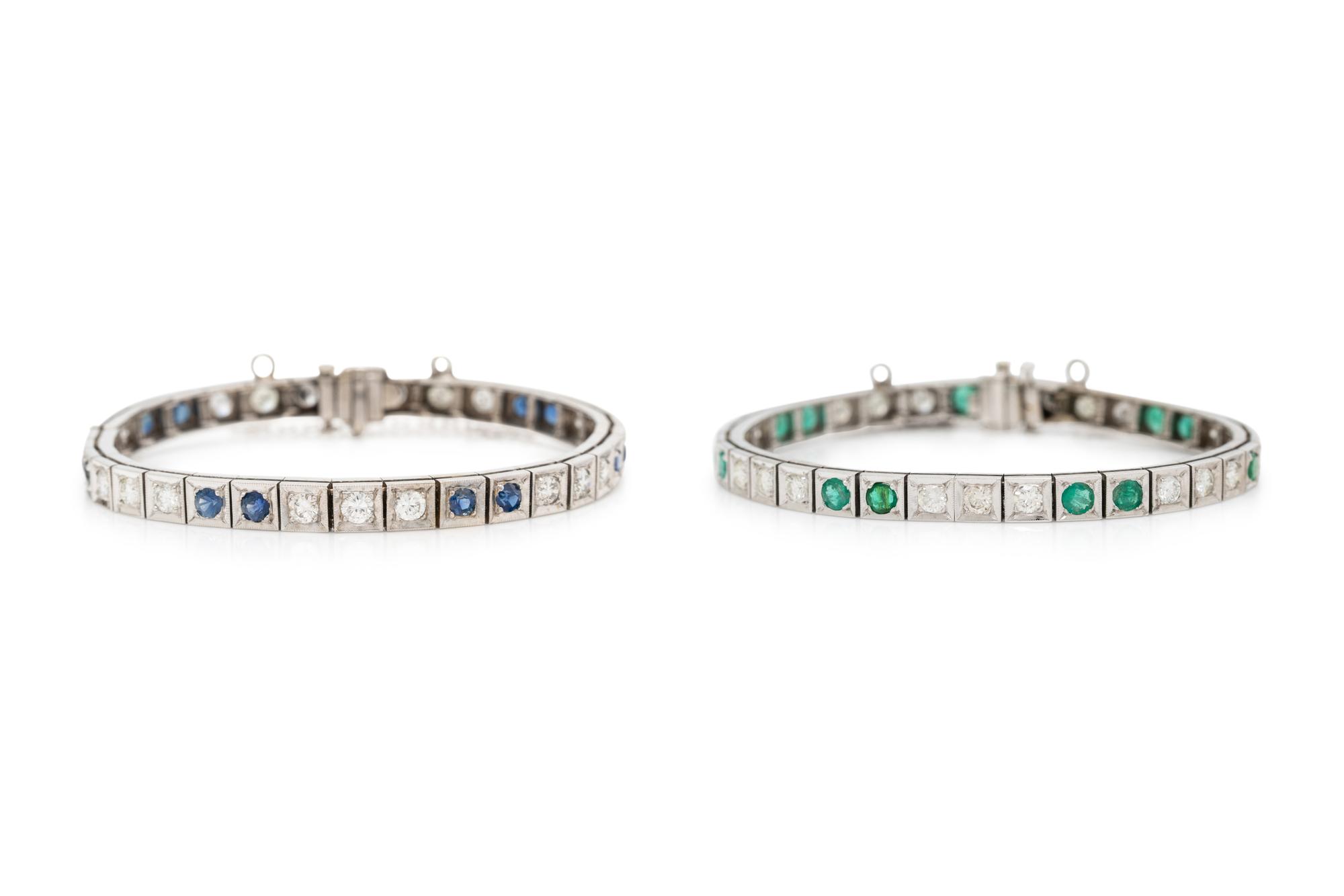 PAIR OF WHITE GOLD, DIAMOND AND GEMSTONE LINE BRACELETS