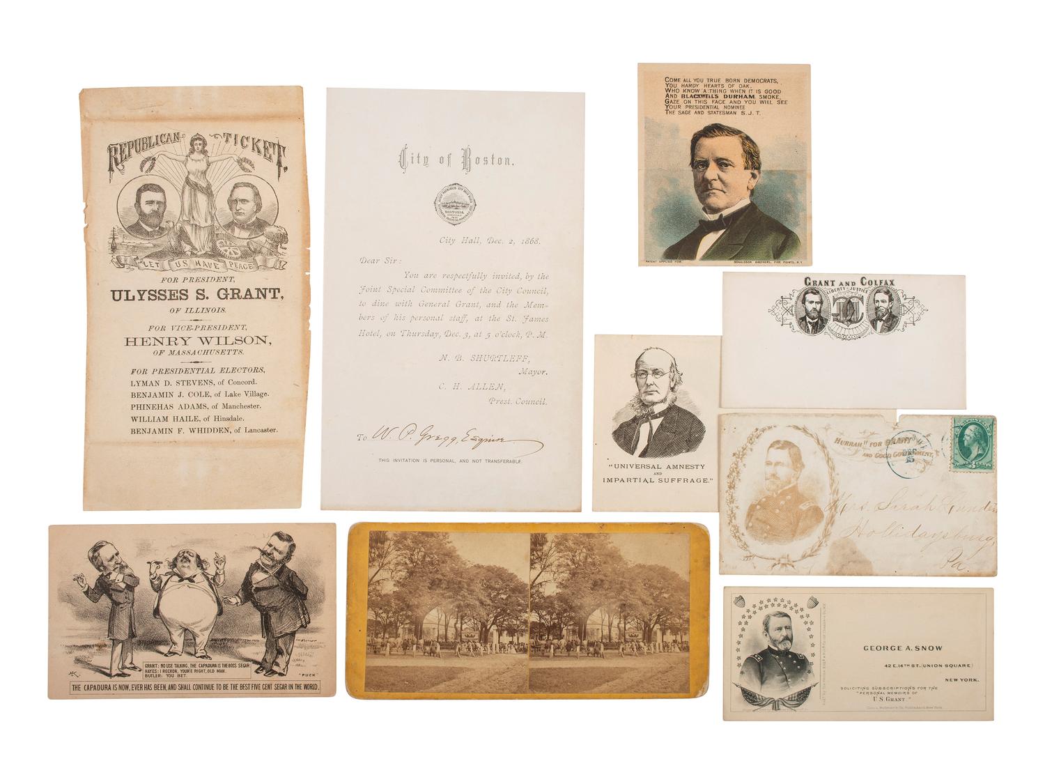 [GRANT, Ulysses S. (1822-1885)]. A group of covers, photographs, prints, pamphlets, and other ephemera related to the 1868 and 1872 presidential elections, comprising: