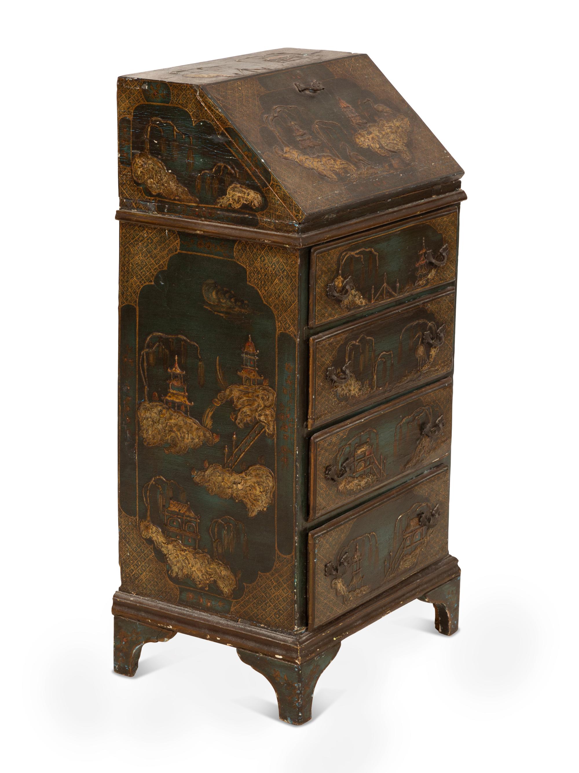 An English Dark Green Japanned Slant Front Desk