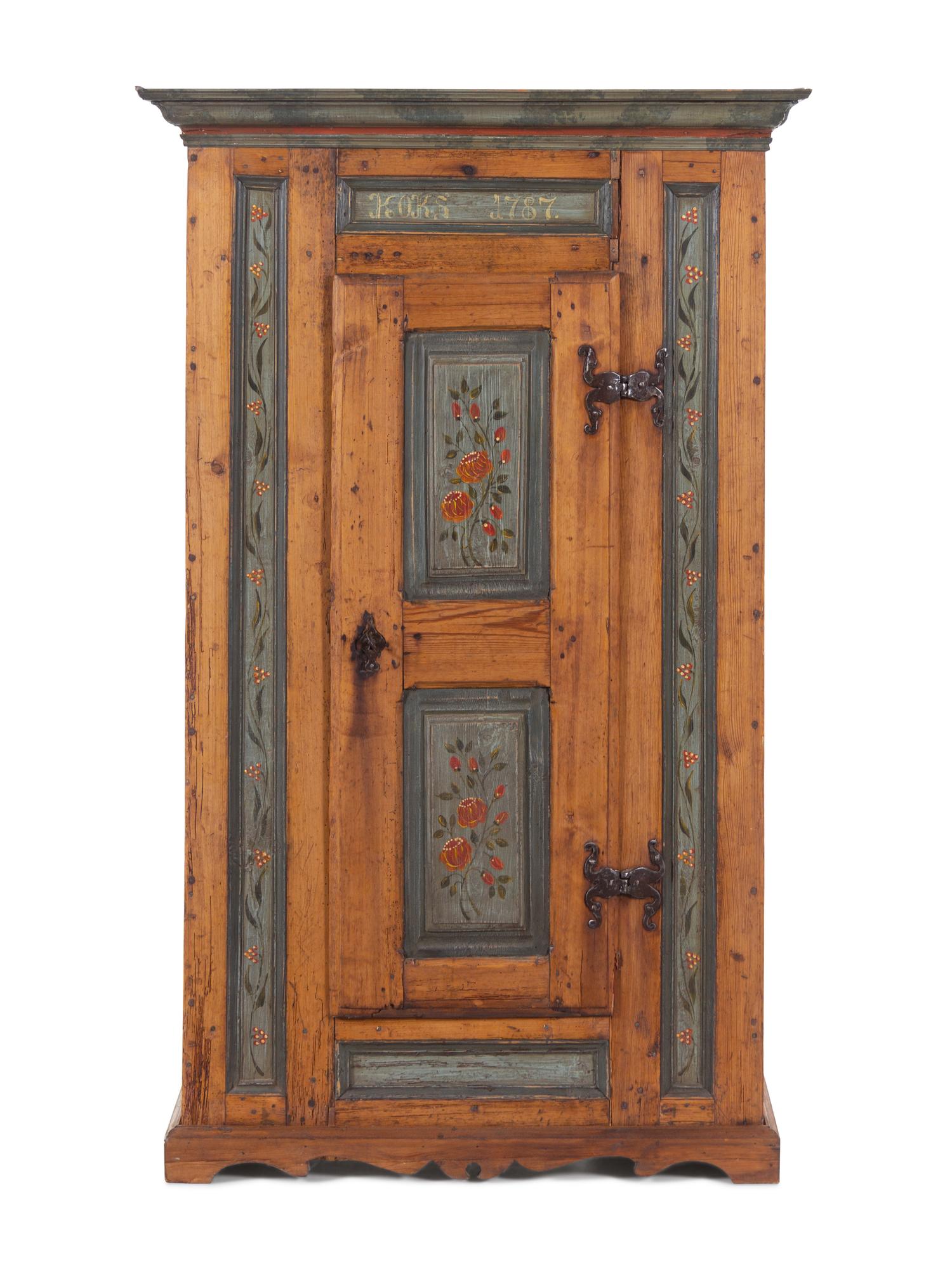 A Scandinavian Wrought Iron Mounted Painted Pine Schrank