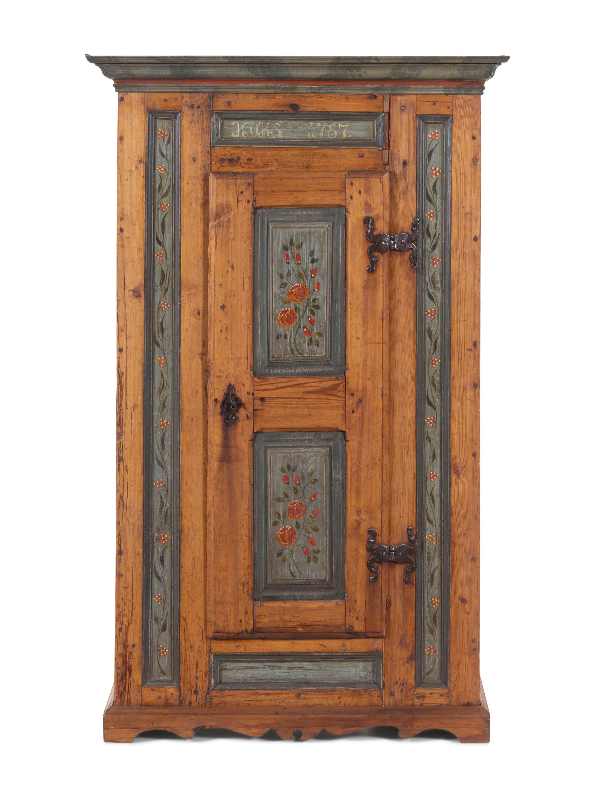 A Scandinavian Wrought Iron Mounted Painted Pine Schrank