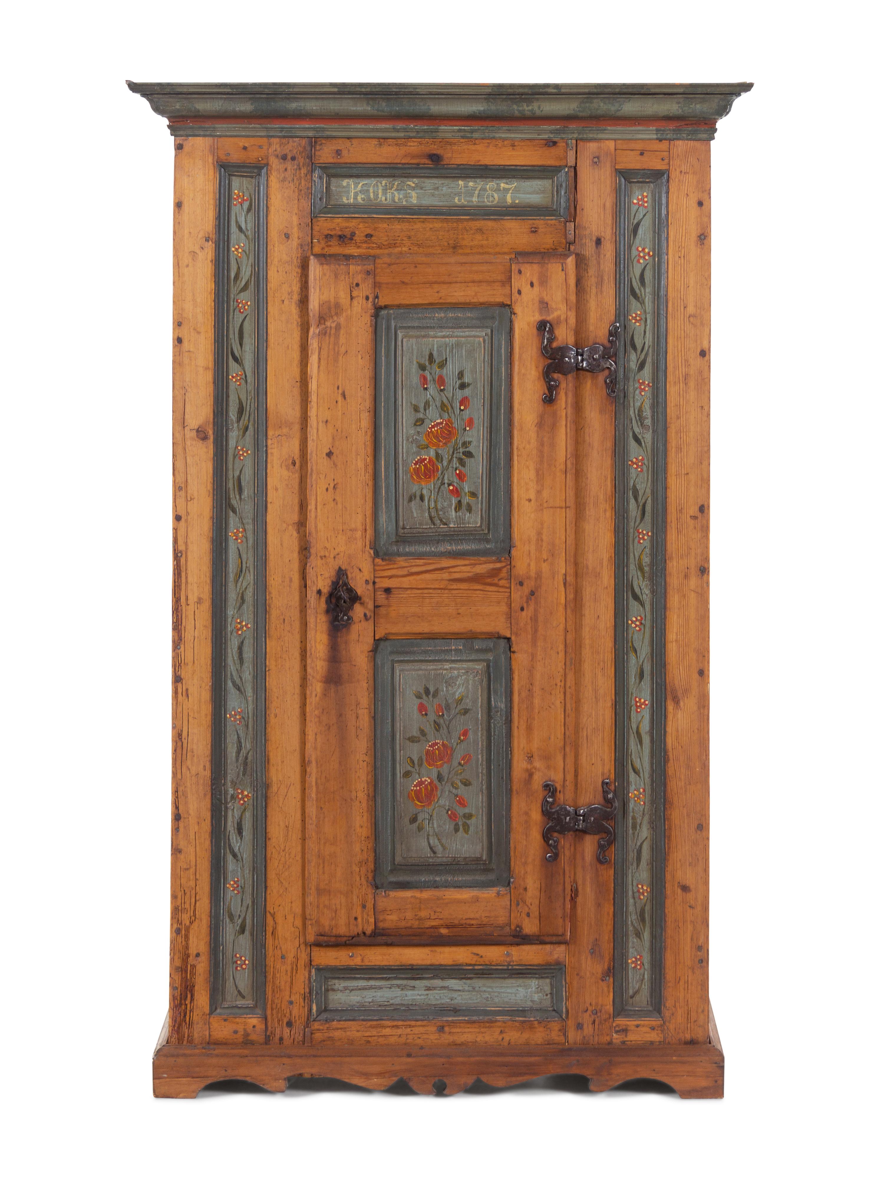 A Scandinavian Wrought Iron Mounted Painted Pine Schrank