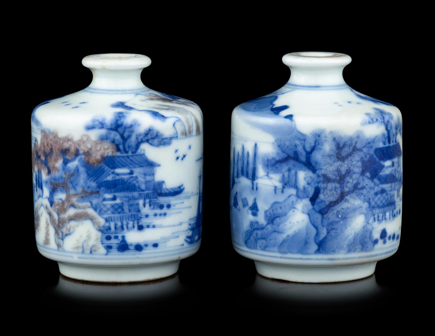 Two Chinese Copper-Red Decorated Blue and White Porcelain Snuff Bottles