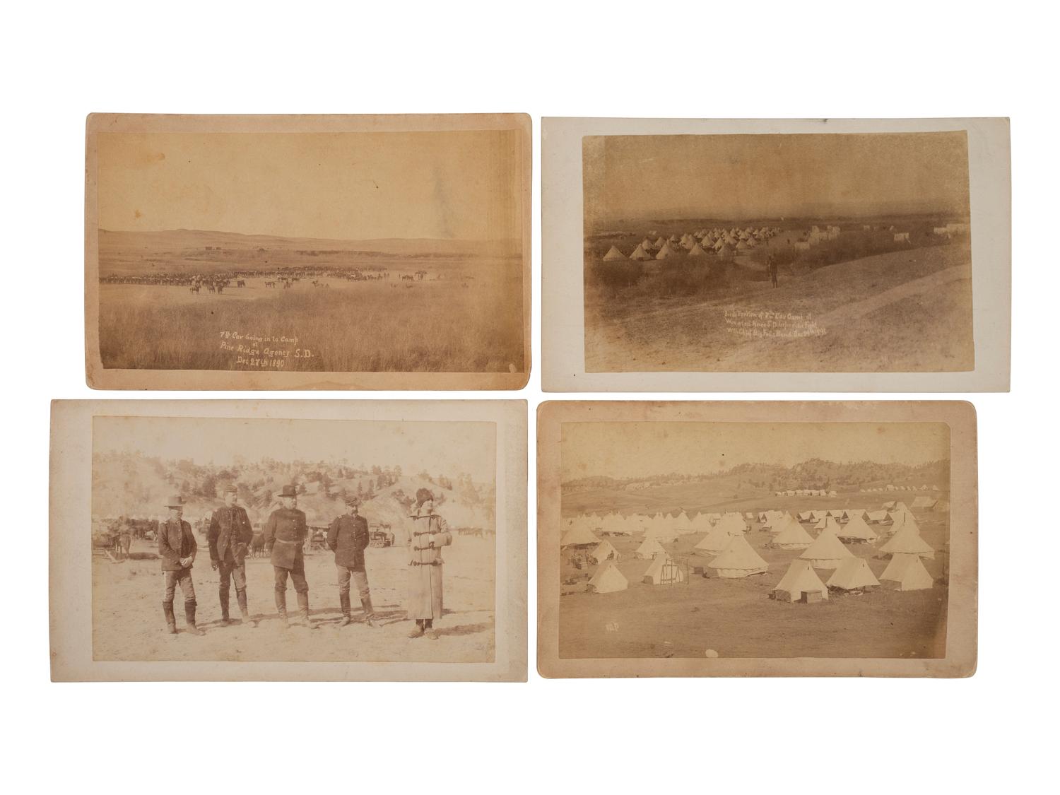 [WOUNDED KNEE]. A group of 5 boudoir photographs of 7th US Cavalry at Pine Ridge Agency, incl. officers and camp scenes. Chadron, NE: Northwestern Photographic Co., ca 1890-1891.