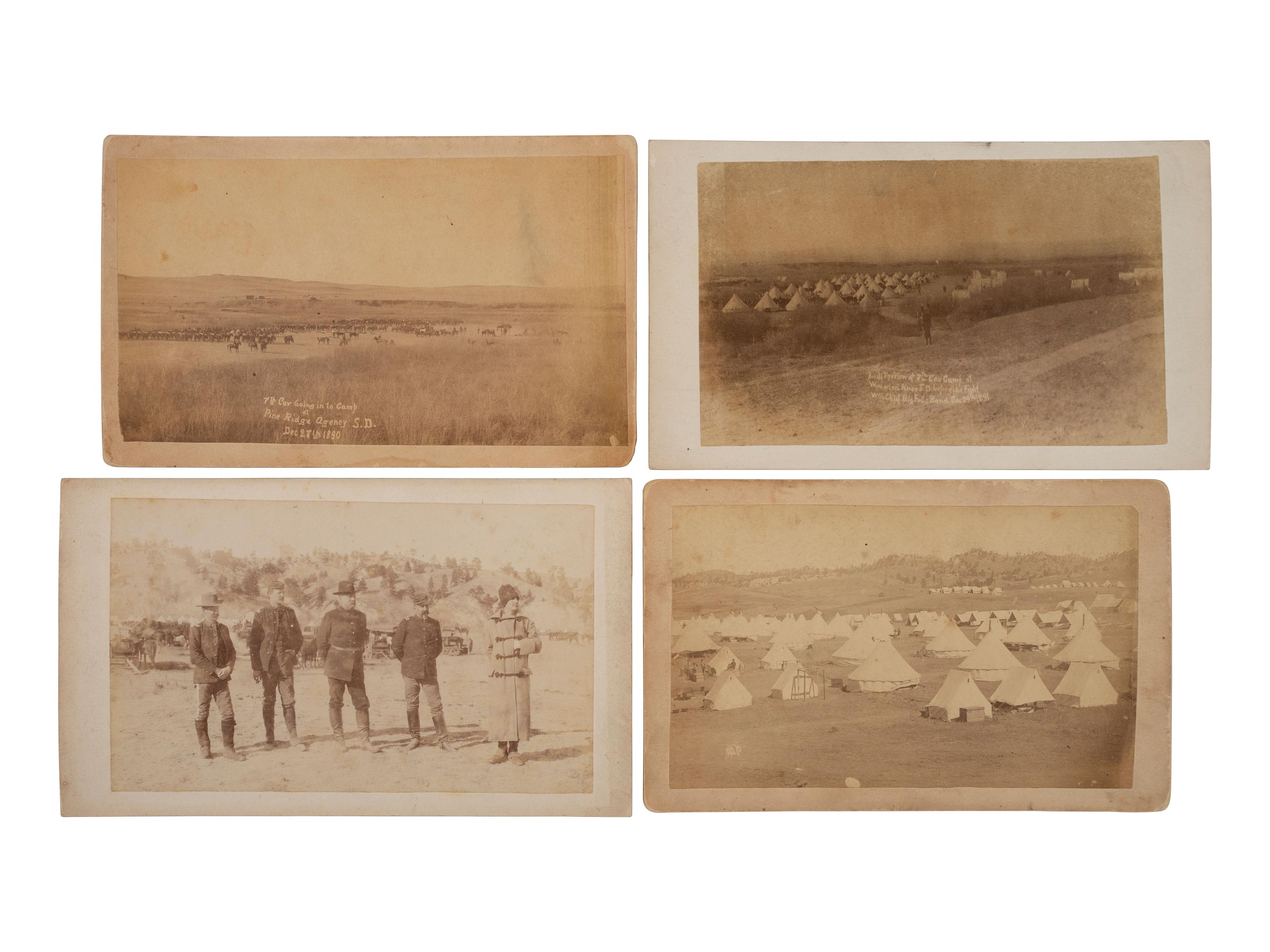 [WOUNDED KNEE]. A group of 5 boudoir photographs of 7th US Cavalry at Pine Ridge Agency, incl. officers and camp scenes. Chadron, NE: Northwestern Photographic Co., ca 1890-1891.