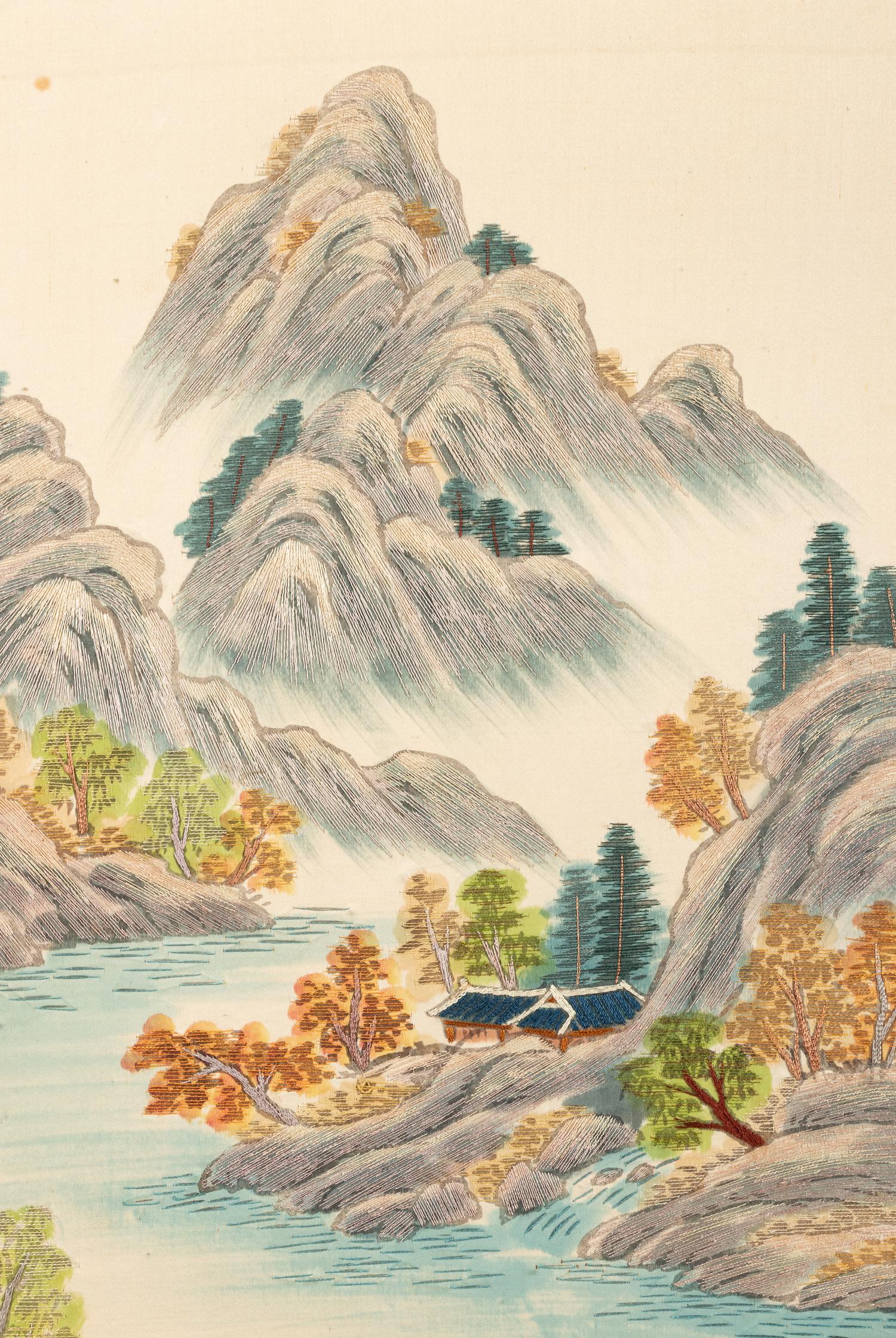 A Korean Four-Paneled Embroidered Silk Screen