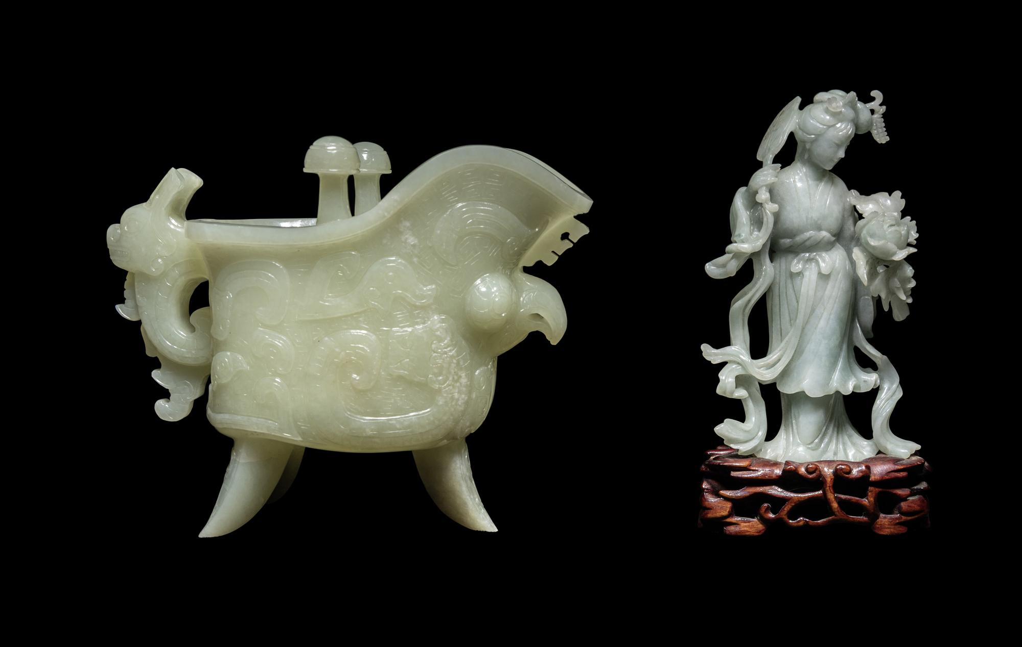 Two Chinese Celadon Jade and Jadeite Carvings