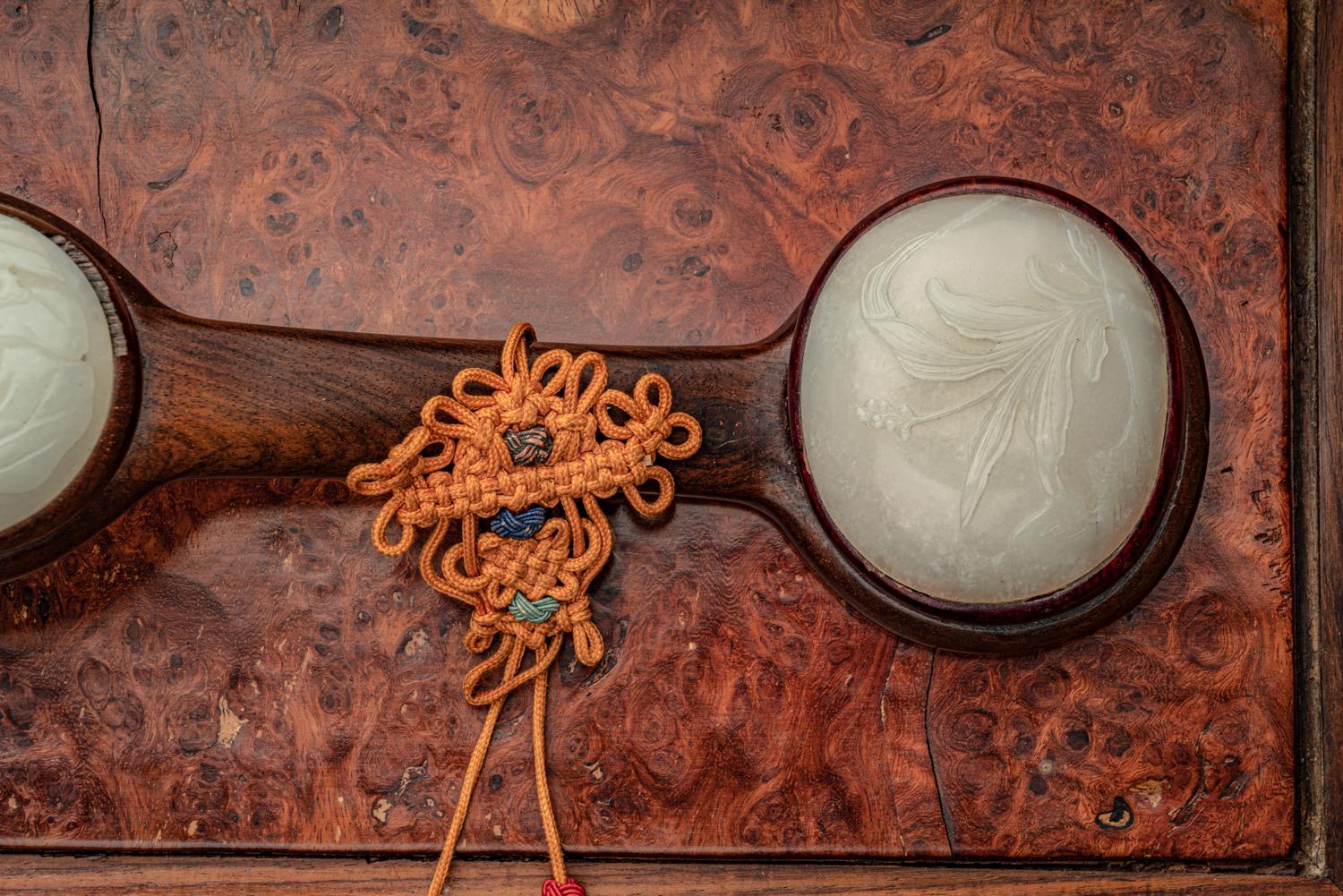 A Large White Jade Inset Hardwood Ruyi Scepter