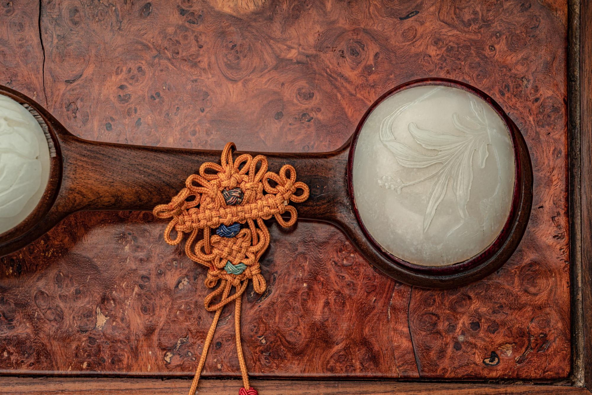 A Large White Jade Inset Hardwood Ruyi Scepter