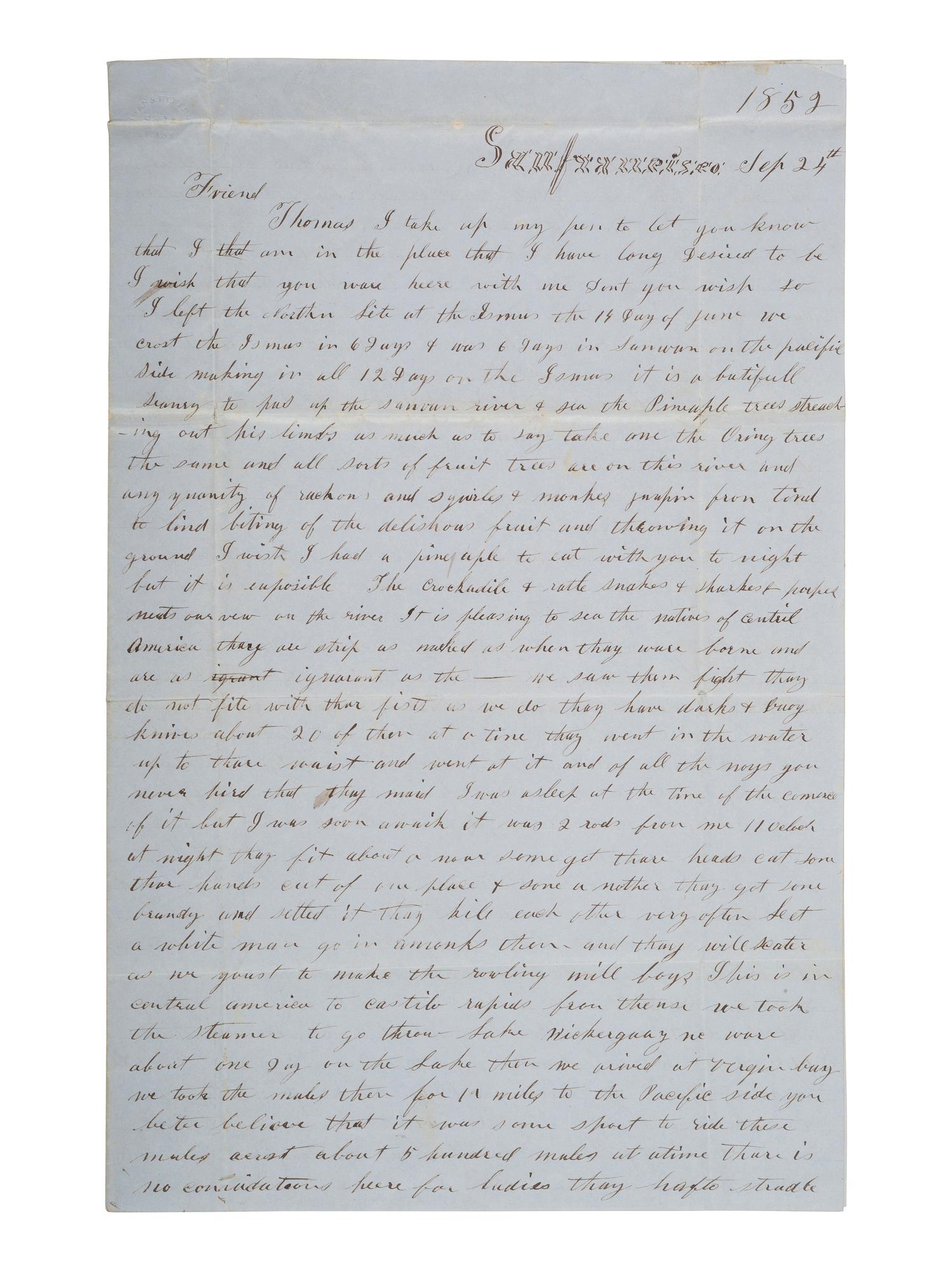 [GOLD RUSH]. ALS describing a voyage to California and a miner's experiences there. September 1852.