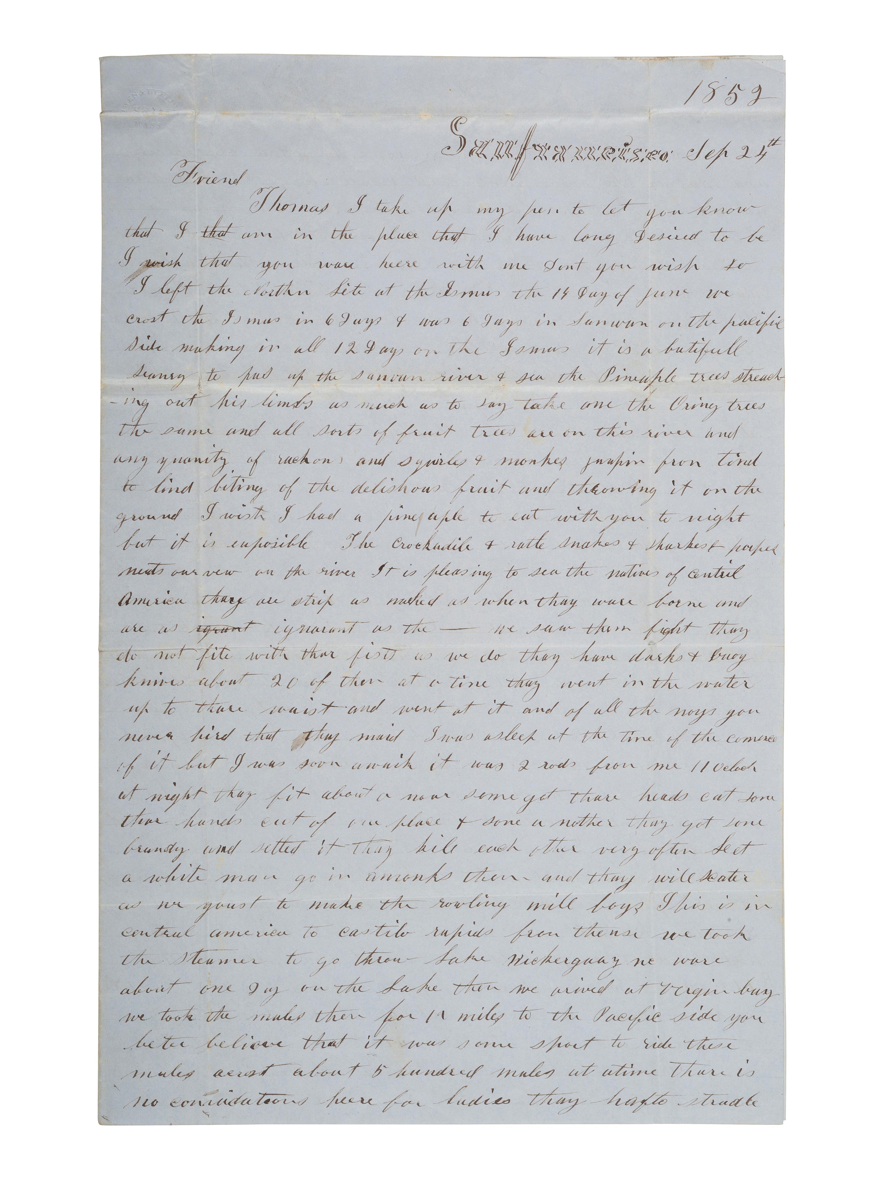 [GOLD RUSH]. ALS describing a voyage to California and a miner's experiences there. September 1852.