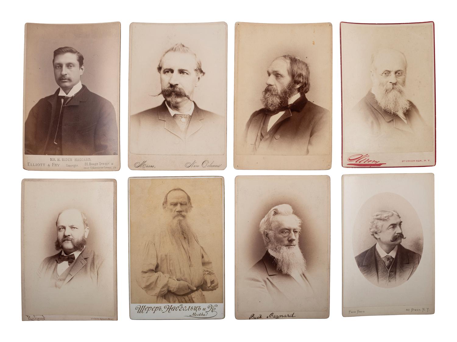 Cabinet cards featuring 19th-century writers, businessmen, and other notable personalities.