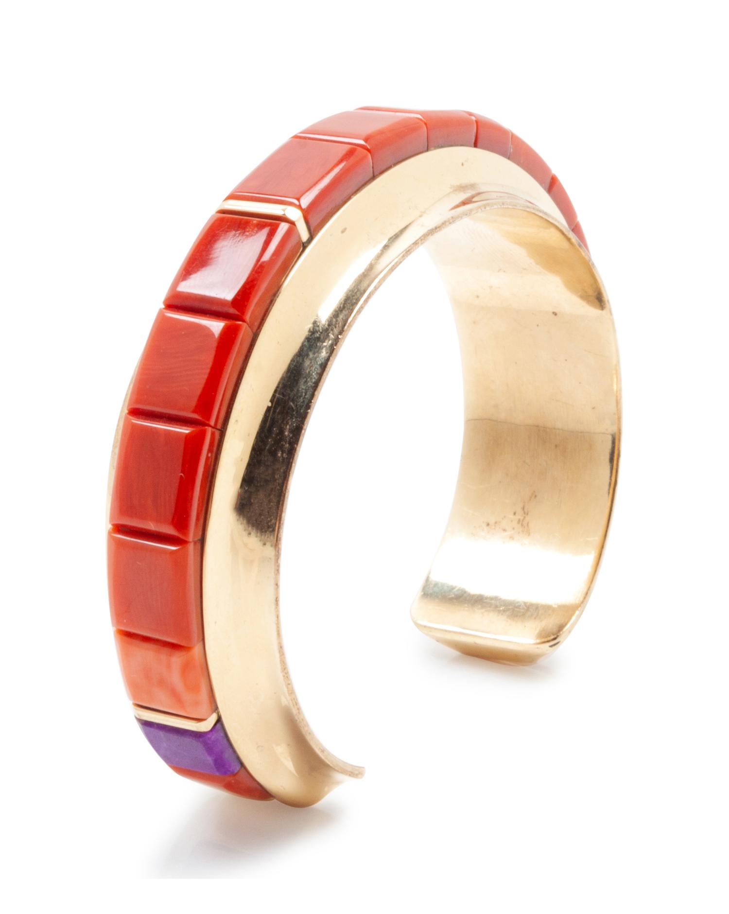 Yellow gold, turquoise, and coral cuff bracelet