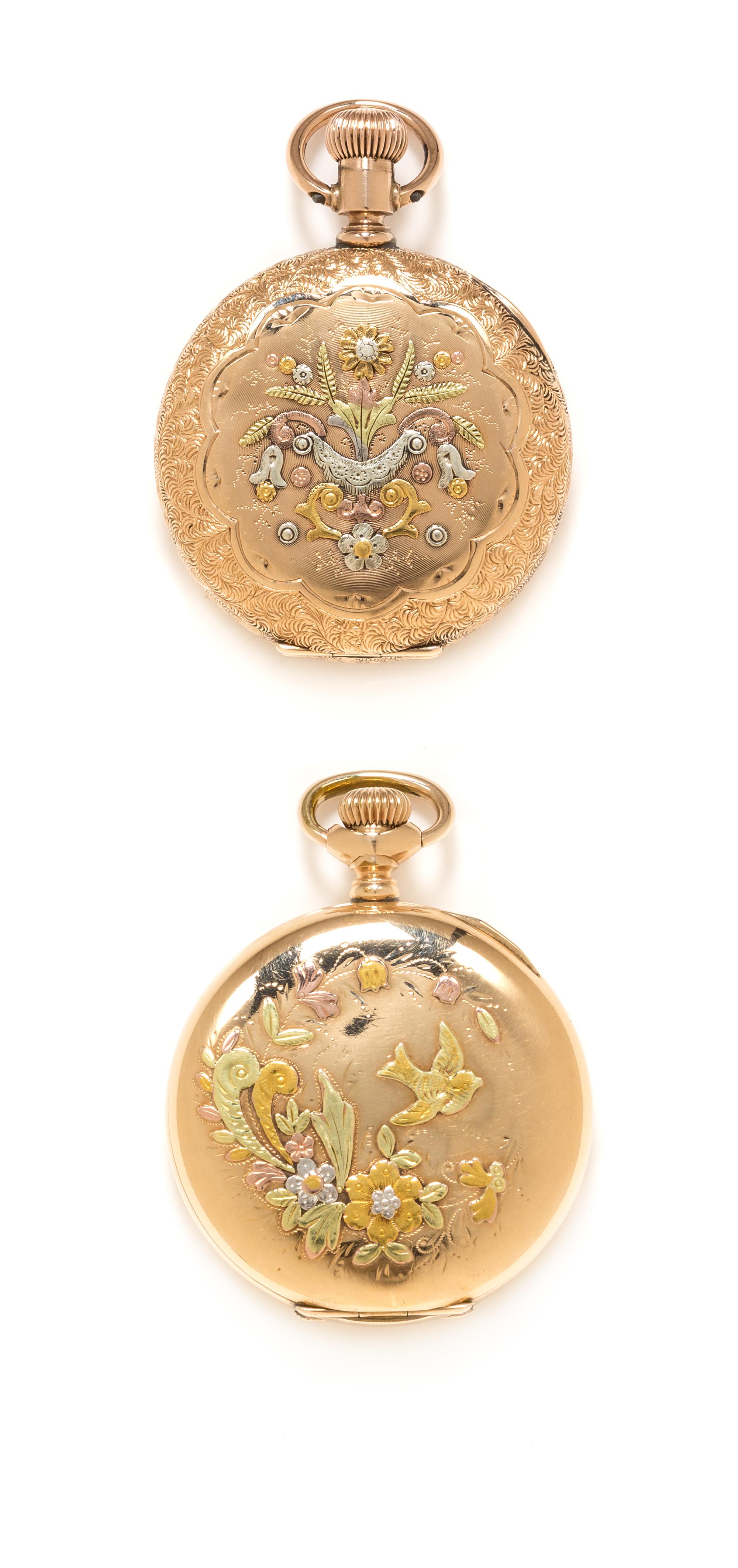 A Collection of Tri-Color Gold Filled Hunter Case Pocket Watches, Elgin and American Waltham, Circa 1895 and 1889, 27.50 dwts.