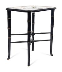 A German Porcelain Tray Set in a Later Ebonized Side Table