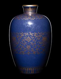 A Small Gilt Decorated Blue Glazed Porcelain Baluster Vase