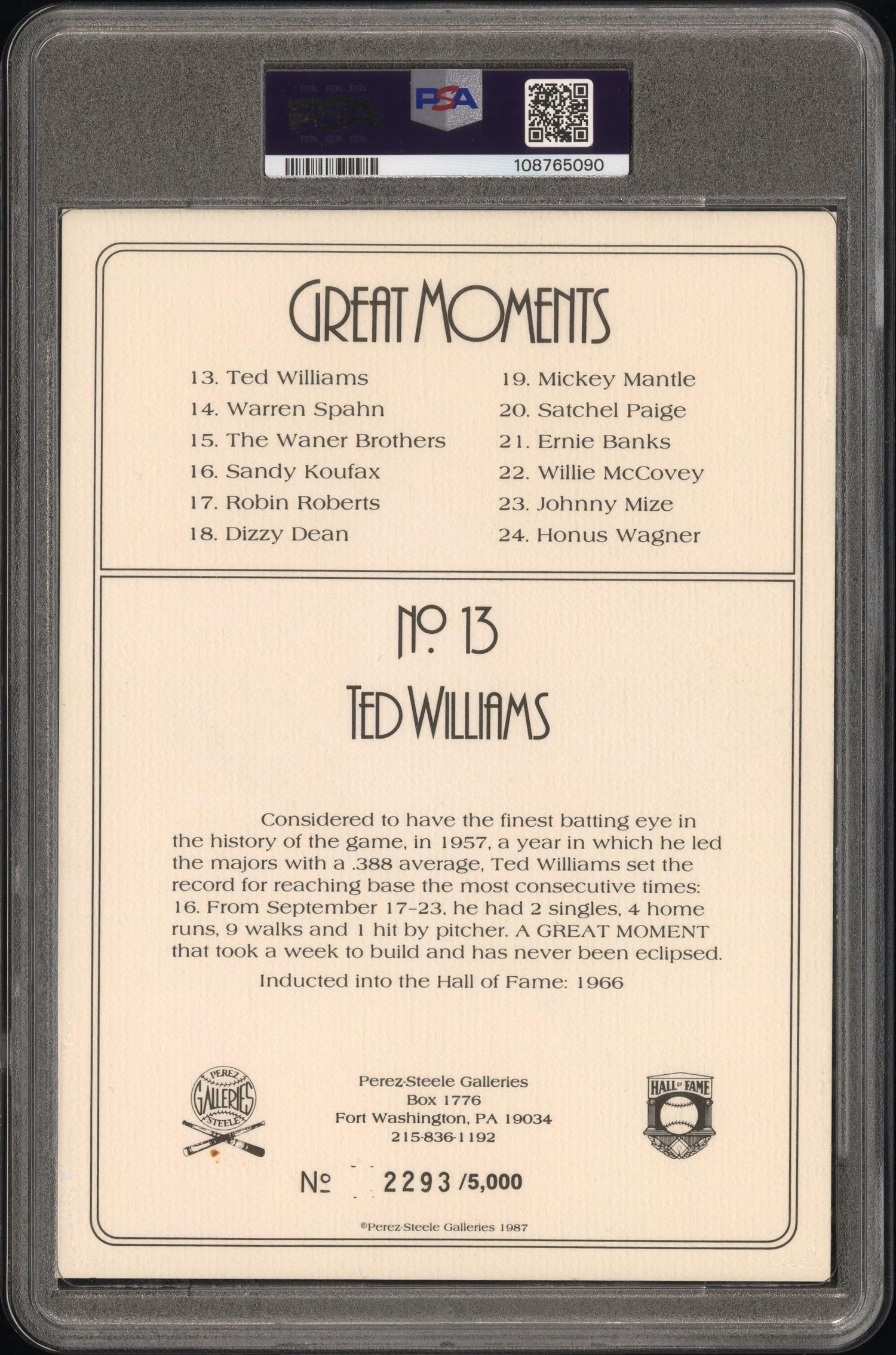 A Ted Williams Signed Autograph Perez Steele Great Moments Postcard (PSA)