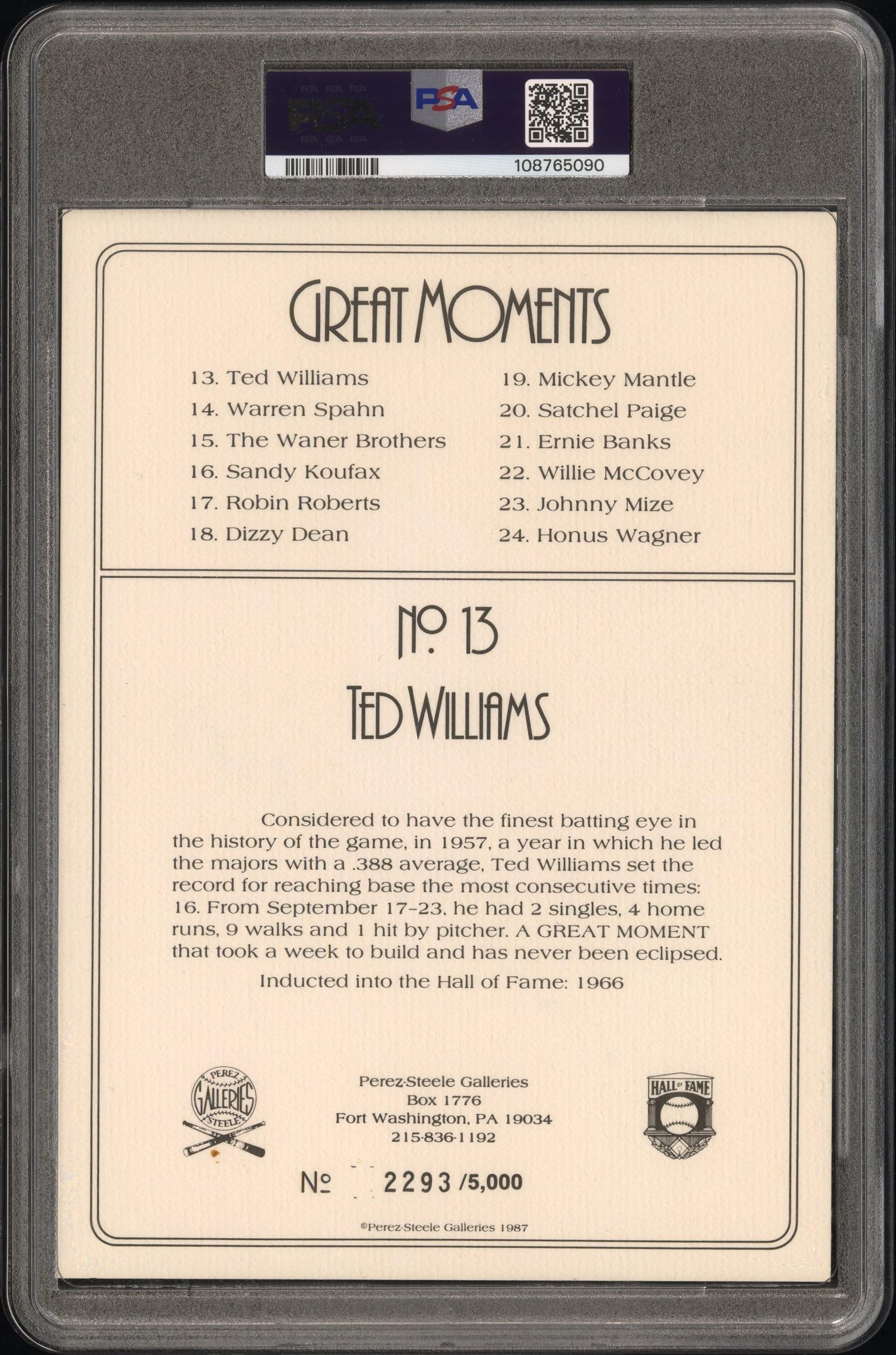 A Ted Williams Signed Autograph Perez Steele Great Moments Postcard (PSA)