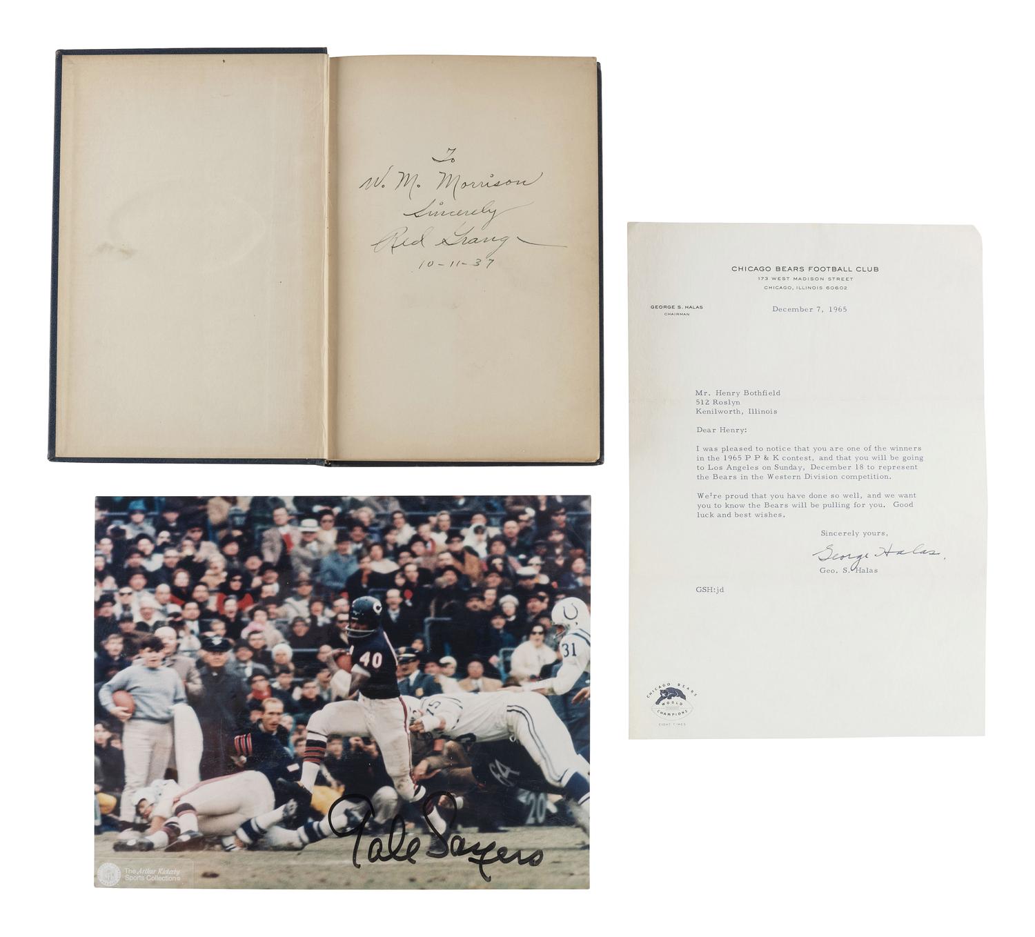 [CHICAGO BEARS]. HALAS, George. Letter signed. Chicago, 1965. [ With :] SAYERS, Gale. Photograph signed. [ Also with :] Red GRANGE signed book.