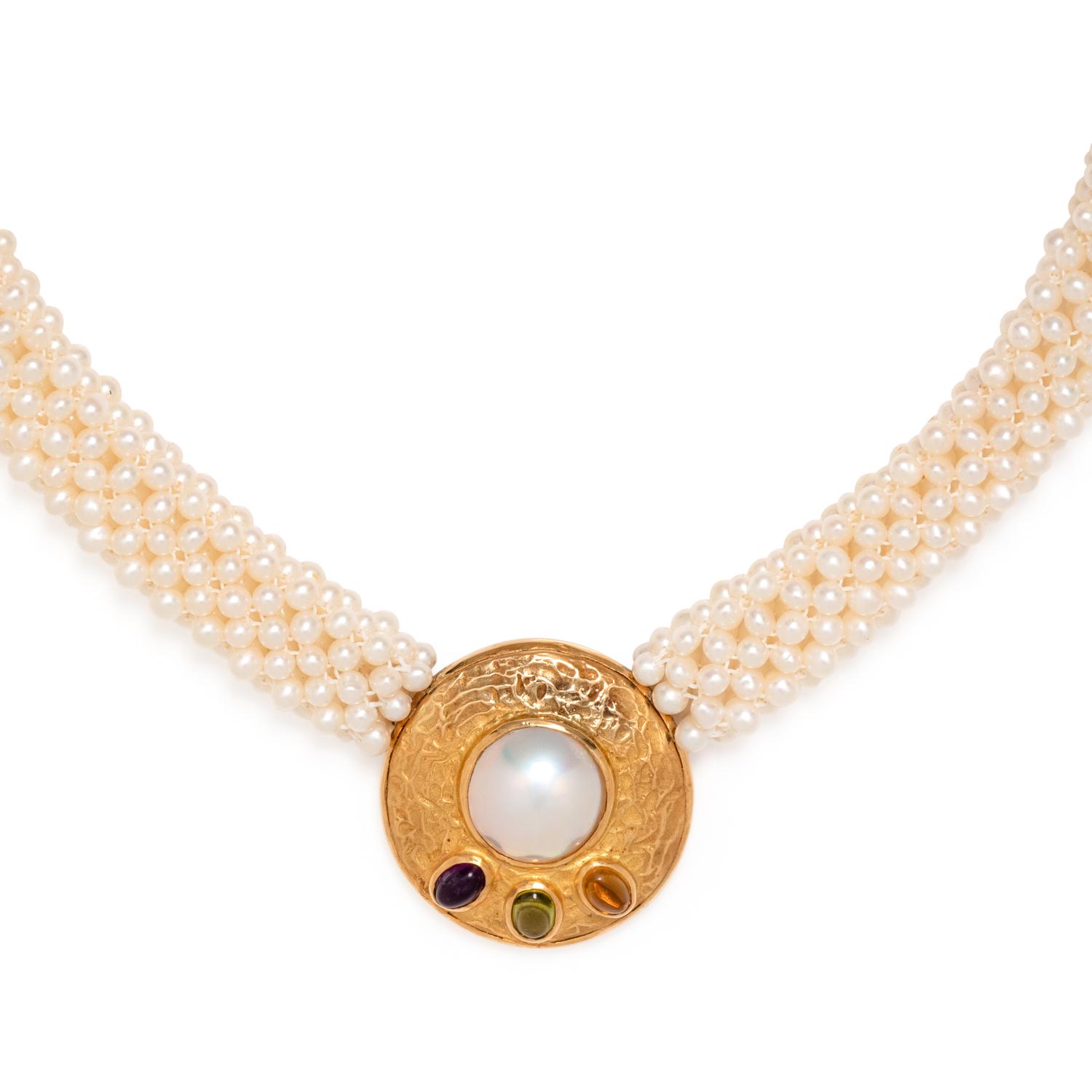 YELLOW GOLD, CULTURED PEARL AND MULTIGEM NECKLACE