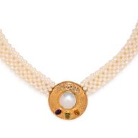 YELLOW GOLD, CULTURED PEARL AND MULTIGEM NECKLACE