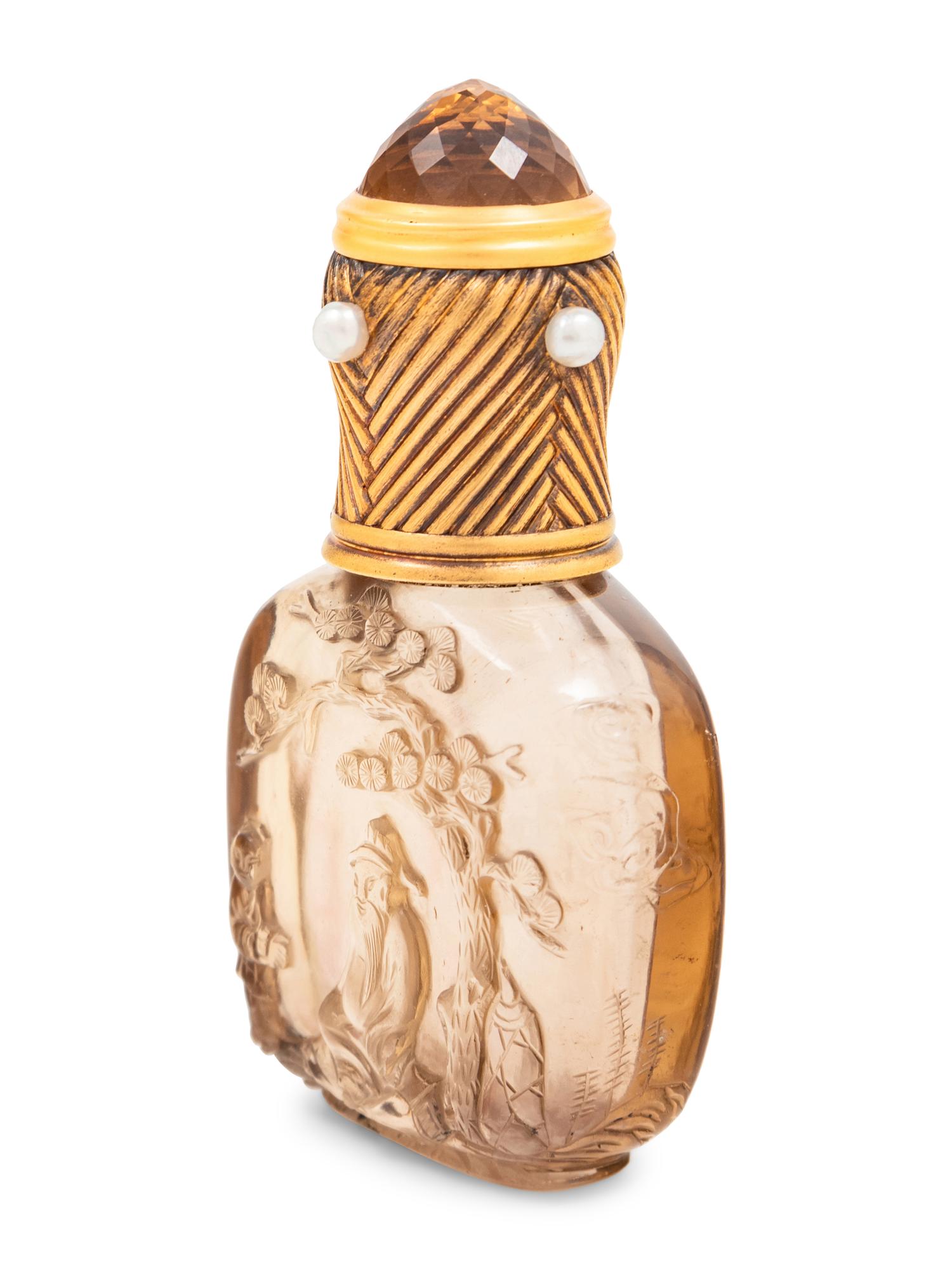 A Fabergé Yellow Gold and Pearl-Inset Mounted Carved Smokey Quartz Snuff Bottle