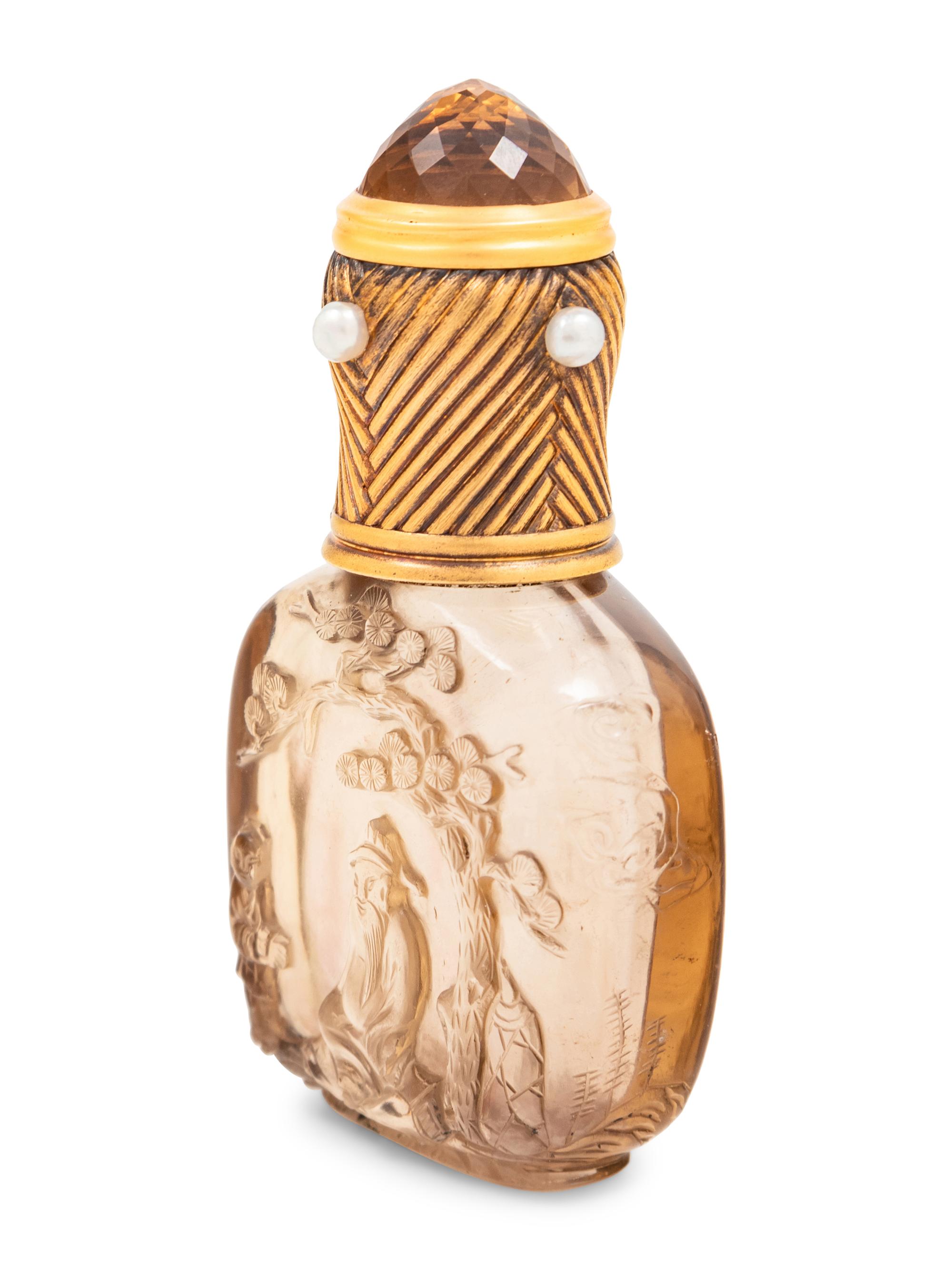 A Fabergé Yellow Gold and Pearl-Inset Mounted Carved Smokey Quartz Snuff Bottle