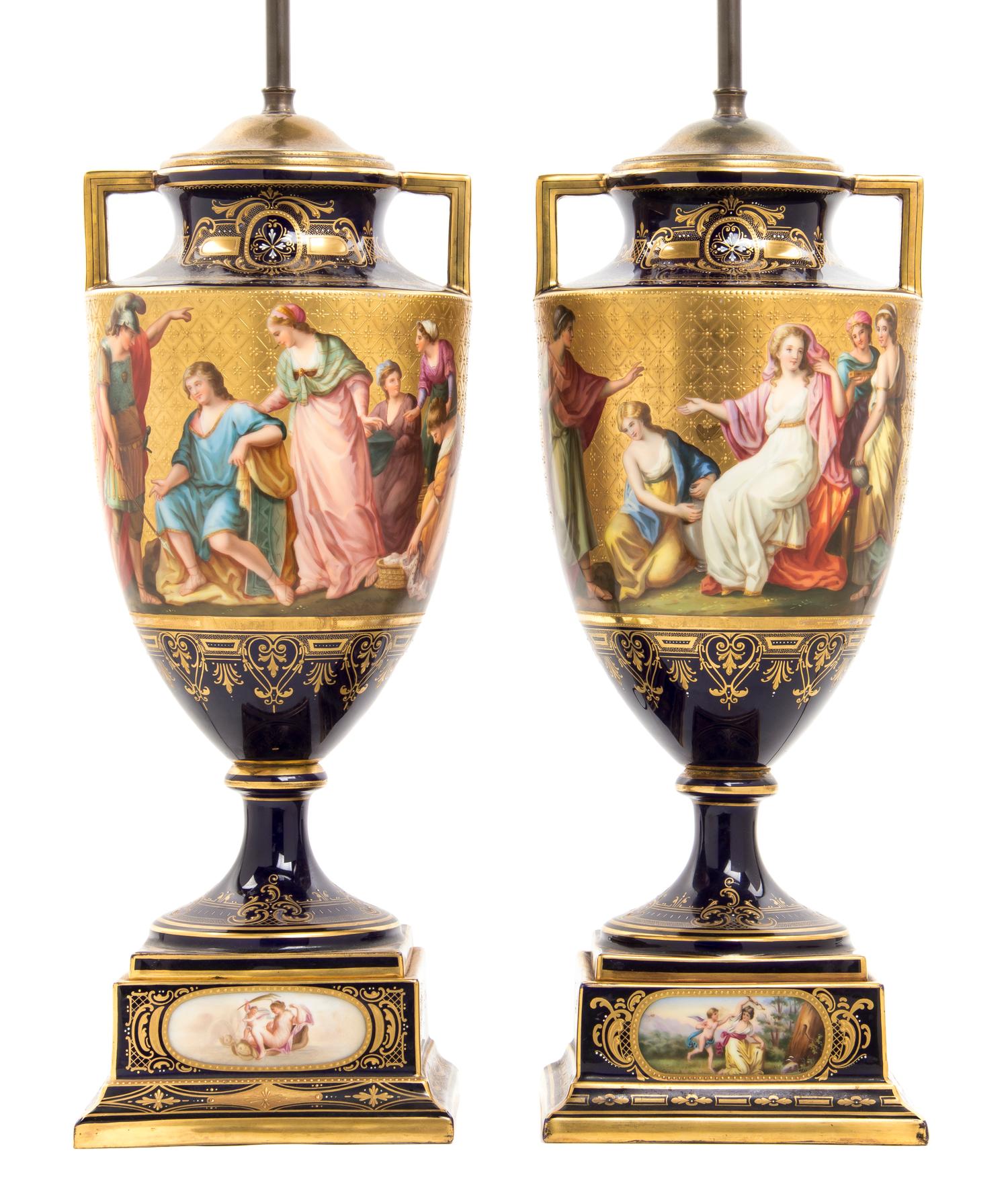 A Pair of Royal Vienna Porcelain Urns on Stands, Height of vase 18 1/4 inches.