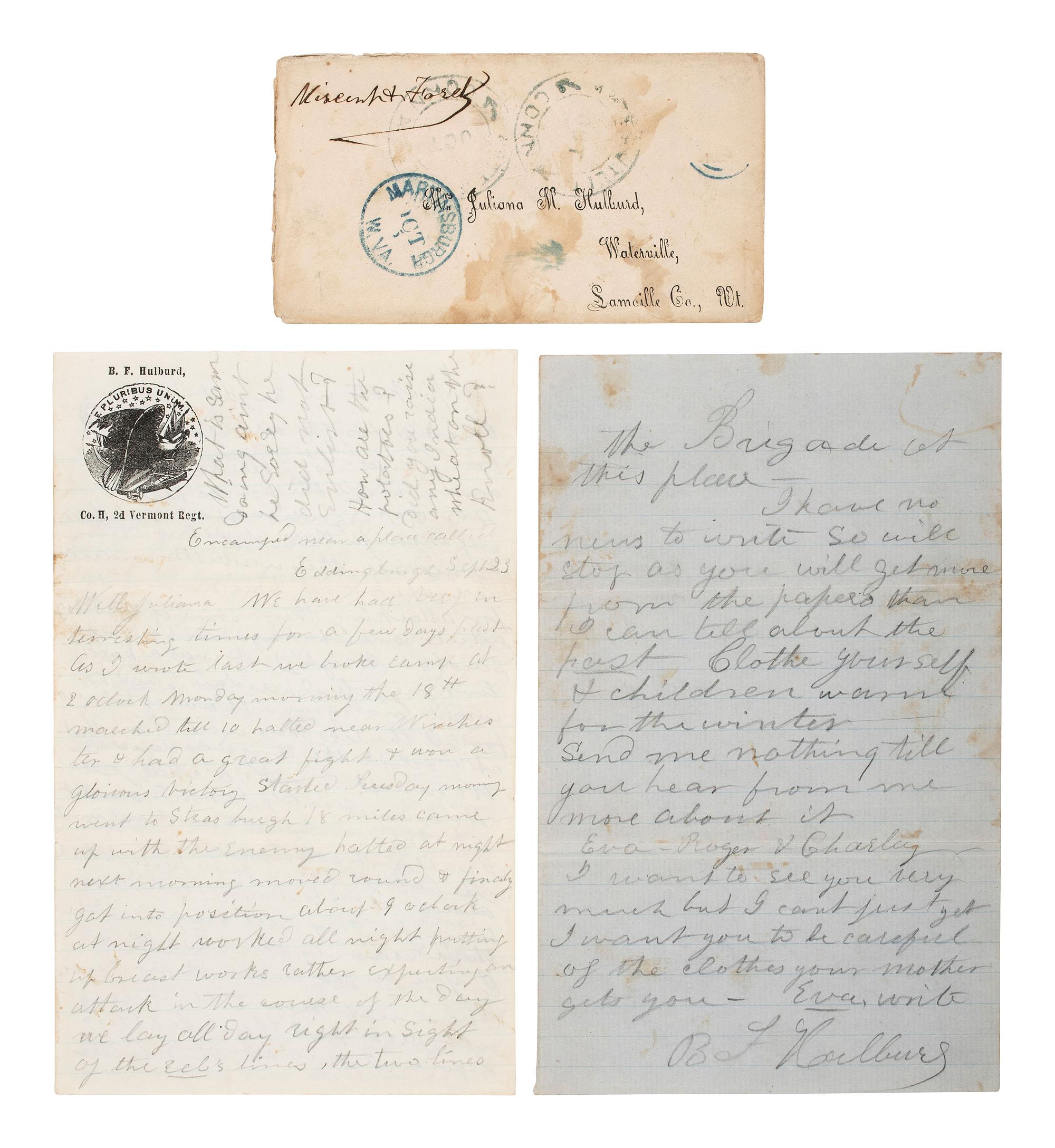 [CIVIL WAR]. A group of letters written in the field from May through September 1864, by Benjamin F. Hulburd, 2nd Vermont Infantry Regiment, part of the famed Vermont Brigade, who would be KIA a month later at Cedar Creek.
