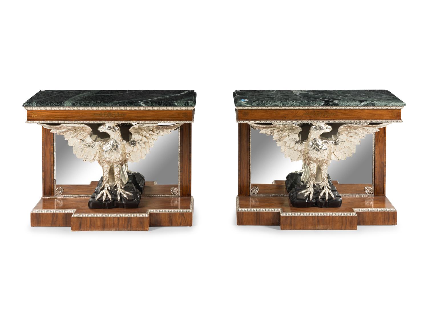 A Pair of Regency Style Rosewood, Brass-Inlaid, Carved and Silvered Marble-Top Console Tables