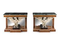 A Pair of Regency Style Rosewood, Brass-Inlaid, Carved and Silvered Marble-Top Console Tables