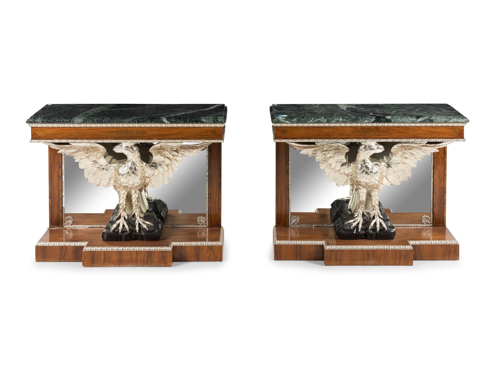 A Pair of Regency Style Rosewood, Brass-Inlaid, Carved and Silvered Marble-Top Console Tables