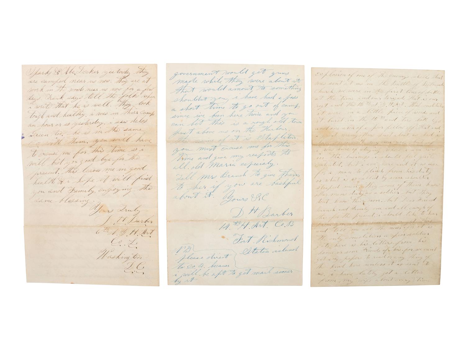 [CIVIL WAR]. 3 letters from D. H. Barber, 6th NY Heavy Artillery, incl. battle content from Brandy Station, the Wilderness, and Bethesda Church.