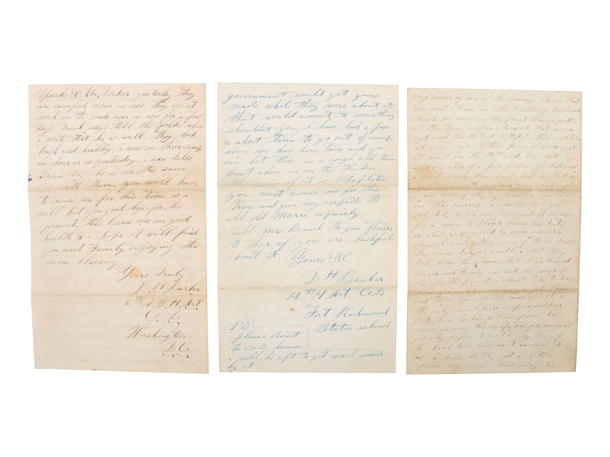 [CIVIL WAR]. 3 letters from D. H. Barber, 6th NY Heavy Artillery, incl. battle content from Brandy Station, the Wilderness, and Bethesda Church.
