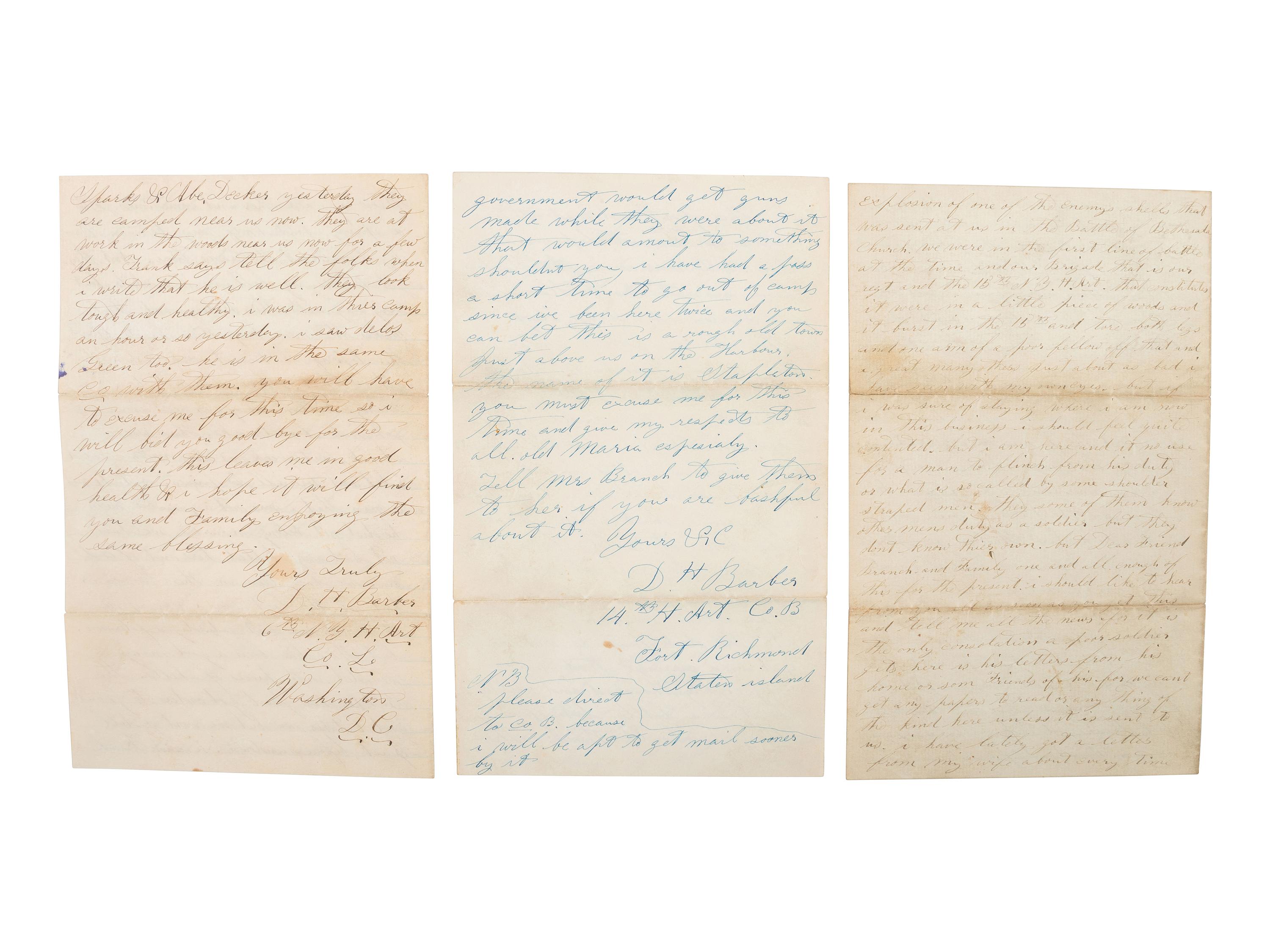 [CIVIL WAR]. 3 letters from D. H. Barber, 6th NY Heavy Artillery, incl. battle content from Brandy Station, the Wilderness, and Bethesda Church.