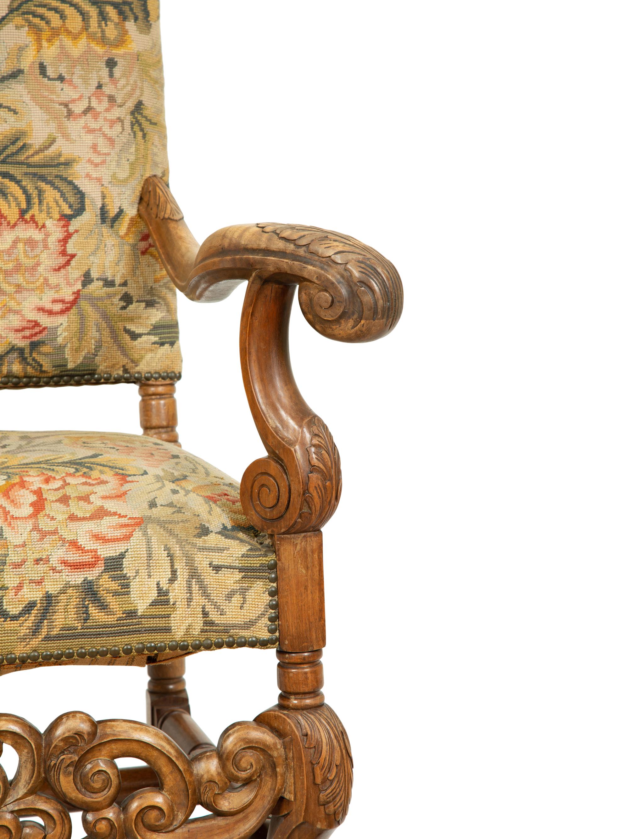 A Regence Style Carved Oak High Back Armchair with Needlework Upholstered Back and Seat — 19TH CENTURY