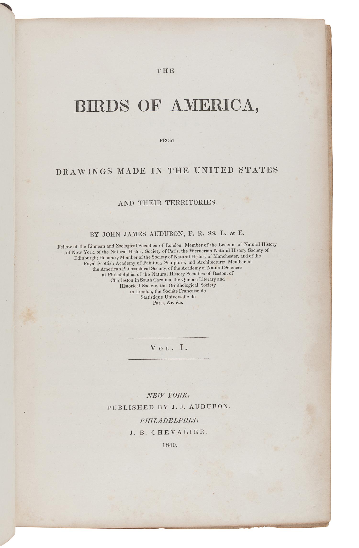 AUDUBON, John James (1785-1851). The Birds of America, from Drawings Made in the United States and their Territories . New York: J.J. Audubon; Philadelphia: J.B. Chevalier, [1839-] 1840-1844.